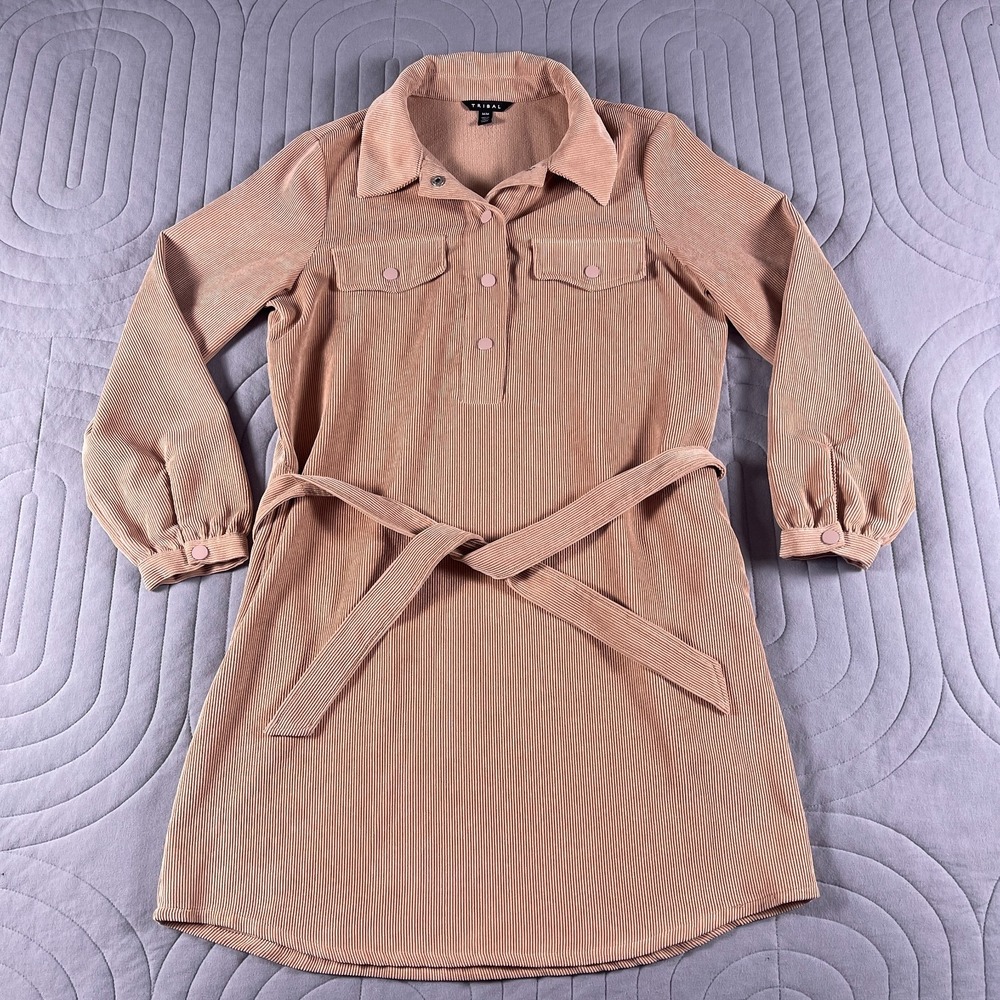 Tribal Corduroy Shirt Dress Womens M Pink Snap Button Up Collared Belted